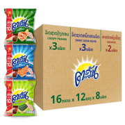 ຕະວັນ 5 ບາດ 3 ລົດຊາດໃນແກັດດຽວ (ກຸ້ງກຣອບ 3 ແພັກ, ຫມຶກສາມລົດ 3 ແພັກ, ສາຫລ່າຍຊົງເຄື່ອງ 2 ແພັກ) 16 ກຣາມ ແພັກ 12 ×8